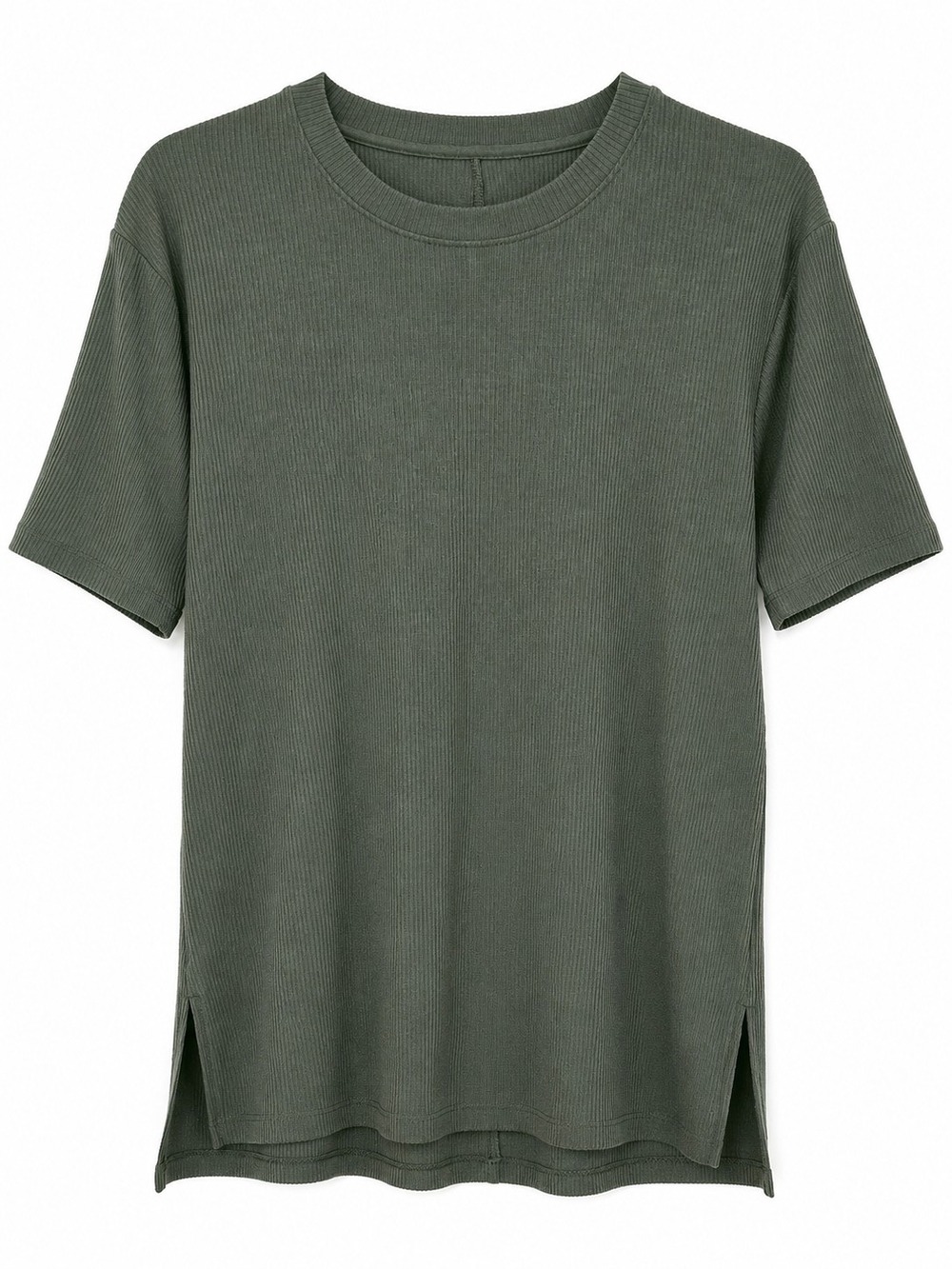 Woolx- Ribbed Short-Sleeve Tee in Olive with Side Slits